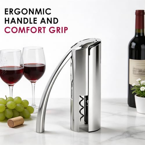 Wine Opener, Stainless Steel Vertical Lever Corkscrew with Foil Cutter, Extra Spiral and Premium Gift Box, Manual Wine Opener with One-Pull Design, Wine Bottle Opener