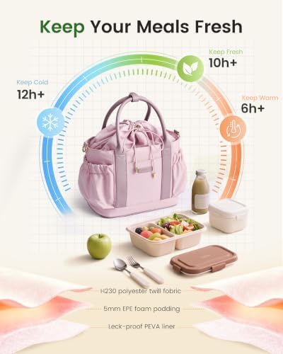 Drawstring Insulated Lunch Bag Women,Adult Lunch Box,Pink