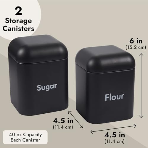 Flour & Sugar Storage Containers - Set of 2 40 oz (4.5 x 6 in) Black Iron - Airtight Silicone Gasket Seal - Flour Canister & Sugar Container