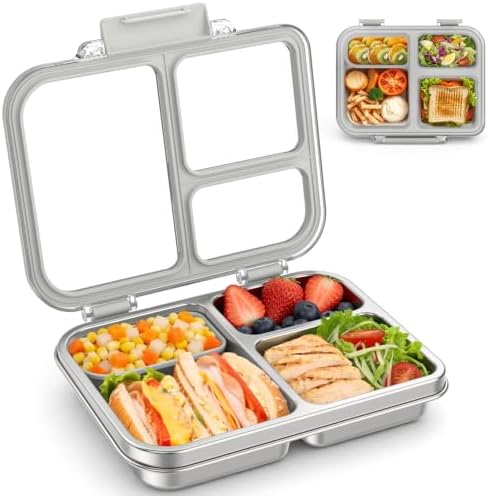 Stainless Steel Bento Lunch Box for Kids Adults, 3 Compartments Metal Bento Box with Transparent Lid & Silicone Container for Kids,Dishwasher-Safe,School & Travel,BPA-Free(Grey)