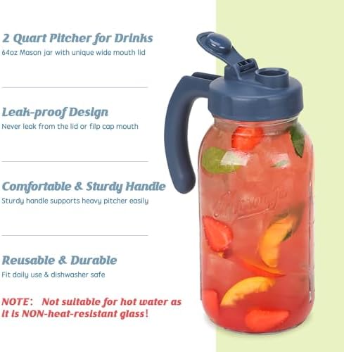 2 Quart Glass Mason Jar Pitchers with Lids, Navy & Yellow, 2 Pack
