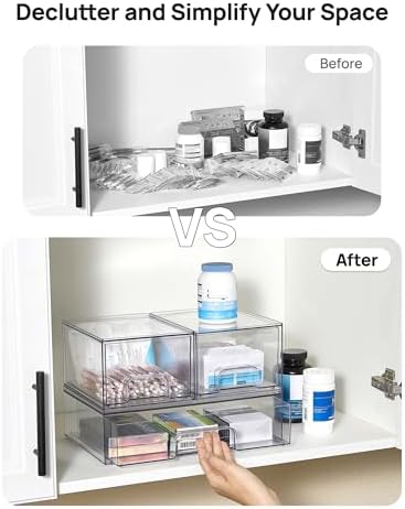 Clear Stackable Storage Drawers Set of 5, Plastic Organizer Bins