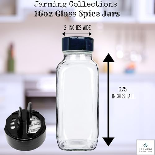 Glass Spice Jars with Shaker Lids - Spice Jars 16 oz for Food Storage, Spice Containers for Kitchen Organization and Storage, Bottles for Spices (Black - 16 Ounce 3 pack)