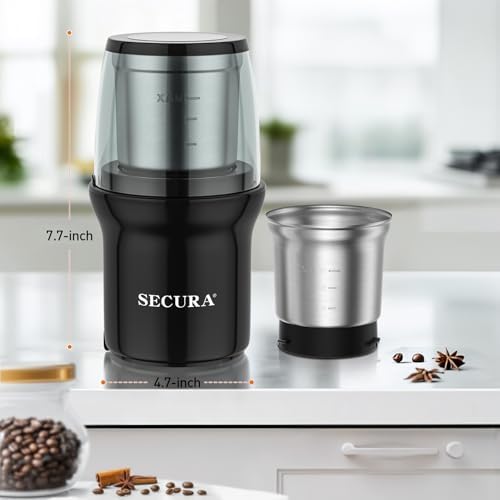Secura Electric Coffee and Spice Grinder, 2 Removable Bowls, Black - Image 6