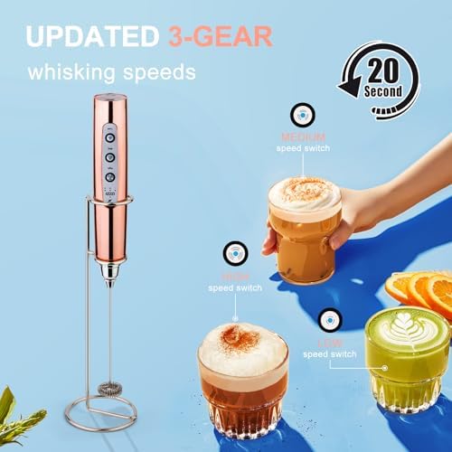 YUSWKO Handheld Milk Frother Wand for Coffee, Rechargeable Electric Whisk with 3 Heads 3 Speeds Drink Mixer Coffee Frother For Latte, Cappuccino, Hot Chocolate, Egg, Rose Gold with Holder - Image 3