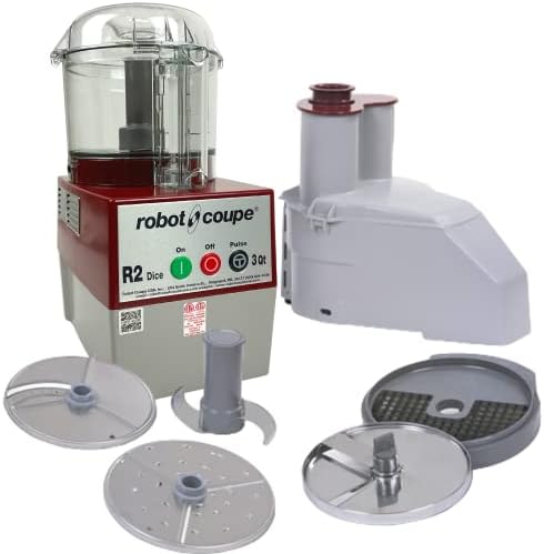 Robot Coupe R2CLRDICE, Combination Food Processor with 3 Quart Clear Polycarbonate Bowl, 4 Stainless Discs, Pulse Control, 120v, 1725 RPM, Vegetable Chopper, Gray/Red, Commercial Kitchen Use by RobotCoupe