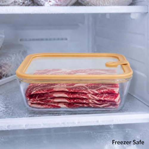 Glass Food Storage Containers, Set of 3 - Airtight Vacuum Sealed Steam Vent Lids - Square Borosilicate Glass Dishes with Ombre Green Lids - Assorted Sizes for Meal Prep & Leftovers, Brown