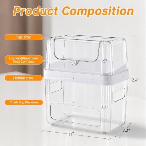 Trash Bag and Laundry pods Dispenser, 3-in-1 Clear Under Sink Organizer, Dishwasher Pod Storage Container, Stackable Kitchen Cabinet Storage Box Fits 13/30/33 Gallon Garbage Bags