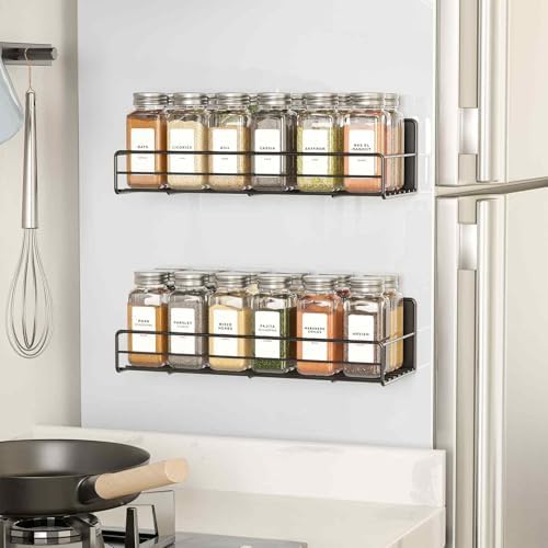 2 Pack Magnetic Spice Rack with 24 Spice Jars, 400 Labels and Funnel, Space Saving Refrigerator Fridge Oven Shelf Organizer