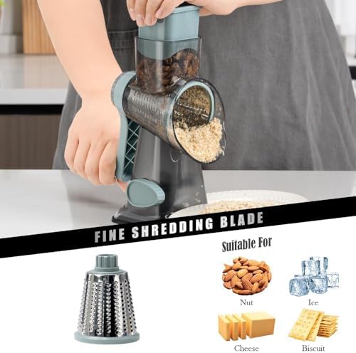 Badelite Cheese Grater Vegetable Cheese Shredder Slicer Grater for Kitchen 3 Changeable Blades for Cheese Potato Zucchini Nuts Chocolate (Grey Blue) - Image 4