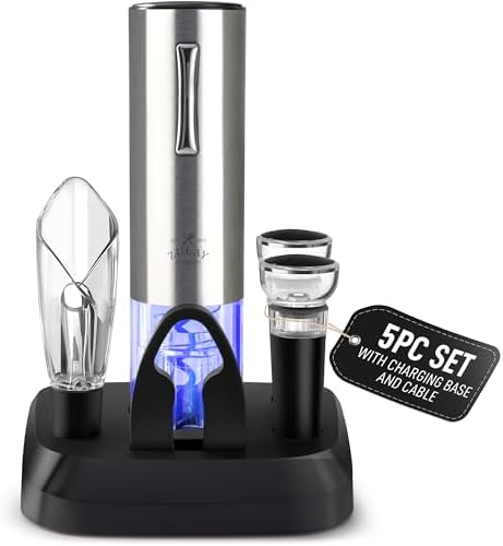 Electric Wine Opener with Charging Base - Electric Wine Bottle Opener, Stainless Steel Wine Opener - Aerator Pourer, Foil Cutter & 2 Vacuum Stoppers - Silver