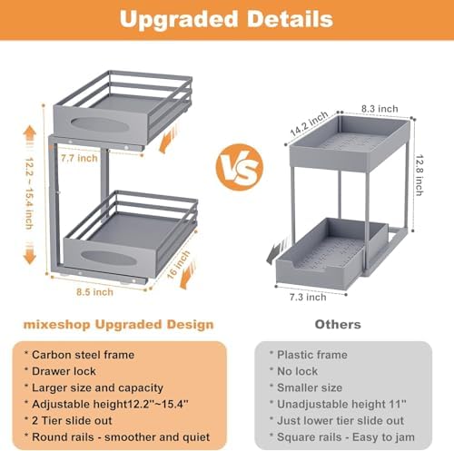 Under Sink Organizer, 2 Tier Under Sink Organizers and Storage, Adjustable Height, Slide out Metal Cabinet Organizers, Pull out Cabinet Storage Drawer Shelf for Kitchen Bathroom (Gray, 2 Pack)