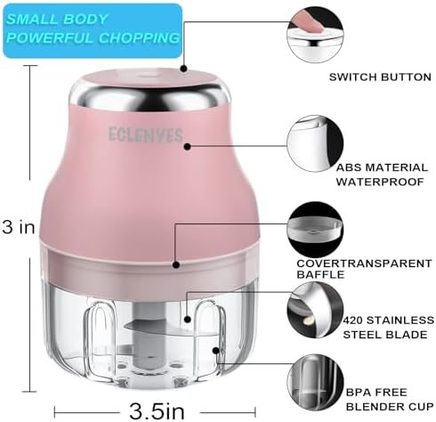 Vegetable Chopper, 100ML Electric Garlic Chopper, Rechargeable Mini Blender, Powerful Small Food Processor, Blender to Vegetable, Wireless Food Cutter for Ginger, Chili, Fruit, Meat, etc（Pink） - Image 2
