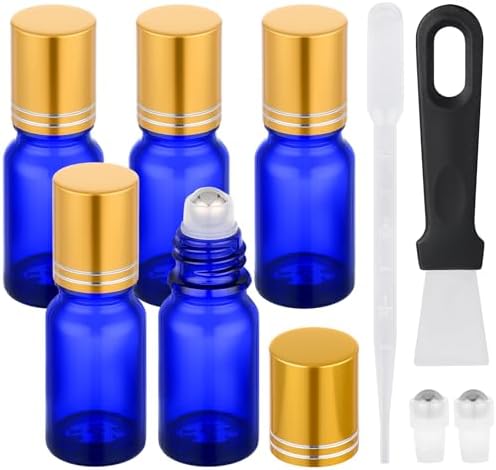 Segbeauty 0.34oz Thick Glass Perfume Roller Bottles for Essential Oils, 5pcs Blue Travel Roller Ball Applicator Refillable Empty Rollerball Bottles for Oil, 10ml Small Roll On Bottle for Eye Essence by Segbeauty
