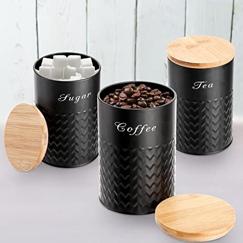 3 Pack Kitchen Canisters with Bamboo Lids, Airtight Metal Canister Set, Food Storage Containers Jars for Coffee, Sugar, Tea, Flour, Rustic Kitchen Decor Containers, Black