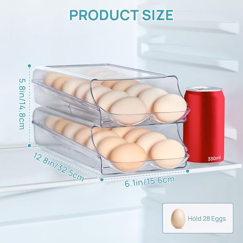 2 Pack Egg Holder for Fridge, Automatic Rolling Egg Container