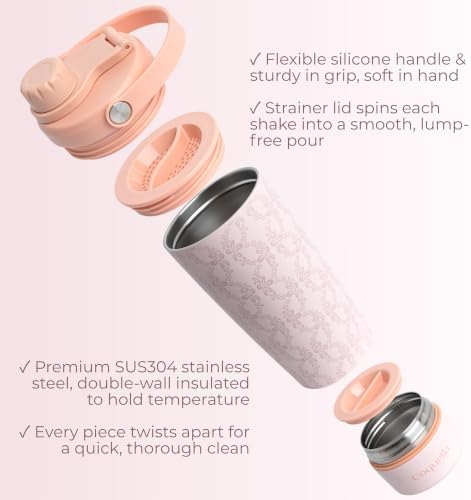 Elanelle 20oz Insulated Stainless Steel Shaker Bottle with Storage Base, Strainer Lid Protein Shaker Cup for Gym, Ball-Free Quiet Mixing, Carry Handle, BPA-Free, Pink (Peachy Floral) - Image 2