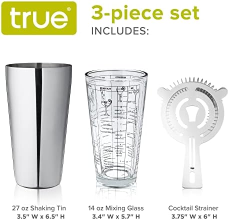 3-Piece Barware Set for Mixed Drinks and Cold Brew Cocktails, Includes Cocktail Shaker Tin, Cocktail Mixing Glass with 7 Printed Recipes, and Hawthorne Strainer, Home Bar Tools, Bartender Gifts