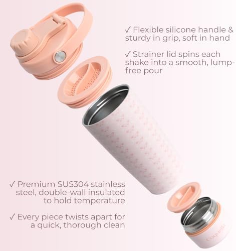 Elanelle 20oz Insulated Stainless Steel Shaker Bottle with Storage Base, Strainer Lid Protein Shaker Cup for Gym, Ball-Free Quiet Mixing, Carry Handle, BPA-Free, Pink (Peachy Bow) - Image 2