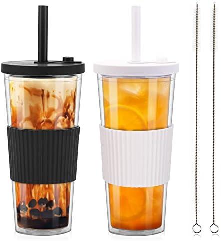 2 Pack Reusable Boba Tea Cups, 24oz Iced Coffee Cup with Straw and Lid, Leakproof Clear Plastic Cups Tumbler, Double Wall Insulated Smoothie Tumbler, Wide Straw for Bubble Tea, Black and White