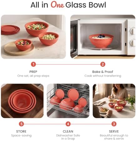 GENICOOK 3 Set Red Ribbed Glass Mixing Bowls Set with Lids, BPA Free - Image 3
