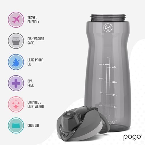 Pogo 64oz Plastic Water Bottle with Chug Lid and Carry Loop, Gray - Image 3
