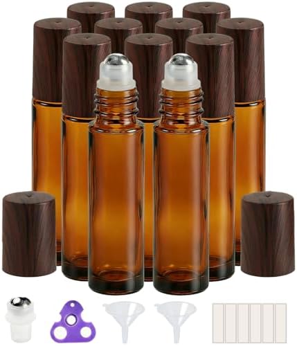 PrettyCare 12 Pack, 10 ml Essential Oil Roller Bottles with Stainless Steel Roller Ball - Refillable Leak-proof Empty Thick Amber Glass Roll on Bottles with Wooden Caps for Travel, Perfume by PrettyCare
