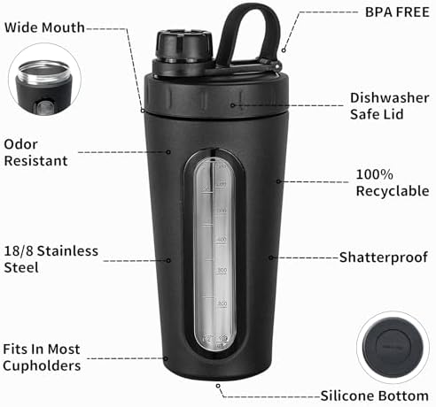 Stainless Steel Shaker - 28 oz Metal Cup for Protein Shakes, 2 Whisk Balls, Not Stays Cold/Hot, Visible Window, Gym Workout Leakproof