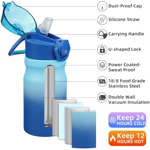 BJPKPK 14 oz Insulated Water Bottle, Straw, Handle, Stainless Steel Flask - Image 2