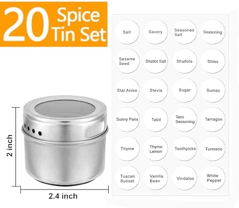 20 Pack Magnetic Spice Jars, Magnetic Spice Containers for Refrigerator, Seasoning Tins with Clear Top Lid, 240 PVC Spice Label Set
