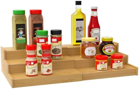 Spice Rack Organizer for Cabinet, 3-Tier Expandable Bamboo Shelf