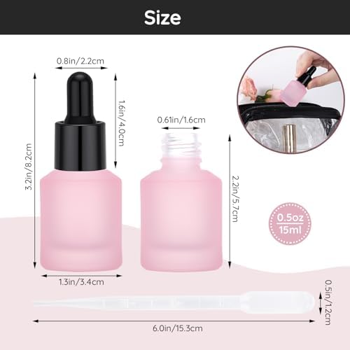Segbeauty 0.5oz Frosted Glass Bottle with Dropper for Essential Oils, 15ml Small Travel Glass Dropper Bottle Refillable, 4pcs Pink Empty Travel Size Bottles for Hair Oils Liquids with Transfer Tool - Image 3