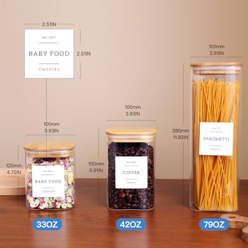 5 Pack Square Glass Pantry Storage Containers with 132 Kitchen Food Pantry Labels - Clear Glass Jars with Airtight Wood Bamboo Lids - Glass Canisters for Cookies, Nuts, Cereal