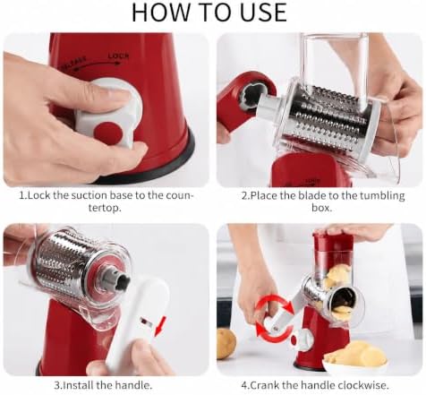 Rotary Cheese Grater Hand Crank, Cheese Shredder with Interchangeable Stainless Steel Blades, Vegetable Slicer with Strong Suction Base, Food Grater for Cheese, Potato, Carrot