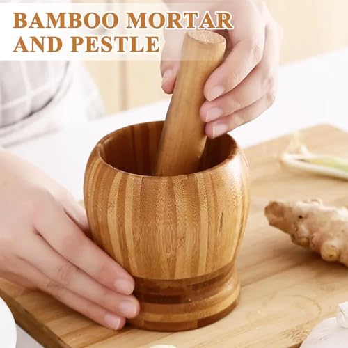 2 Kitchen Tools Including Mortar and Pestle Set and Wood Tostonera Plantain Press, Natural Plantain Smasher for Fried Banana Pepper Spices Garlic Press Grinder Chopper Crusher