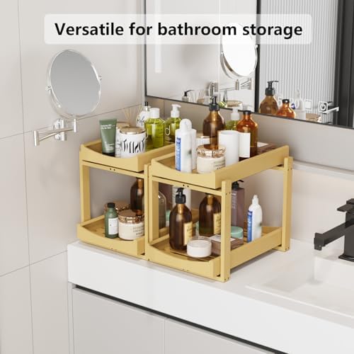 Bamboo Under Sink Organizer Adjustable Height 2 Tier Bathroom Organizer