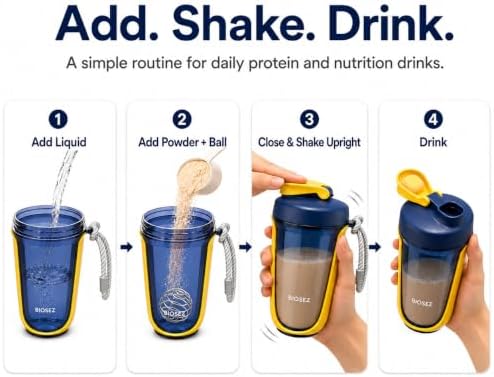 Protein Shaker Bottle, 20 oz BPA-Free Tritan Supplement Shaker Cup with 304 Stainless Steel Mixing Ball, Measurement Markings, Easy Clean, Dishwasher Safe, Yellow