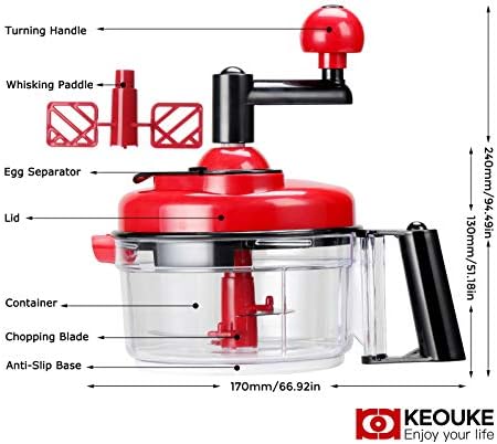 Hand Crank Food Chopper Red - Manual Food Processor with Egg Separator, Labor-Saving, Easy to Clean, Large Vegetable Mixer Blender for Onion, Garlic, Salad, Salsa, Nuts, Meat, Fruit, etc