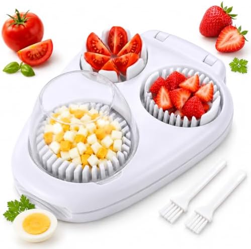 3-in-1 Egg Slicer with 2 Cleaning Brushes, Hard Boiled Egg Cutter, 3 Cutting Modes & Steel Blades – Eggs, Cherry Tomatoes, Strawberries, Kiwi – Perfect for Salads, Breakfast & Family Meals – White by YunAnRock