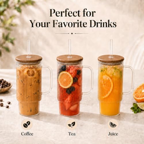 32oz Ribbed Glass Tumbler with Handle, Upgraded Acacia Wood Lid and Stainless Steel Straw, Clear Glass Cup for Iced Coffee, Matcha Latte, Smoothies, Tea, Hot & Cold Drinks