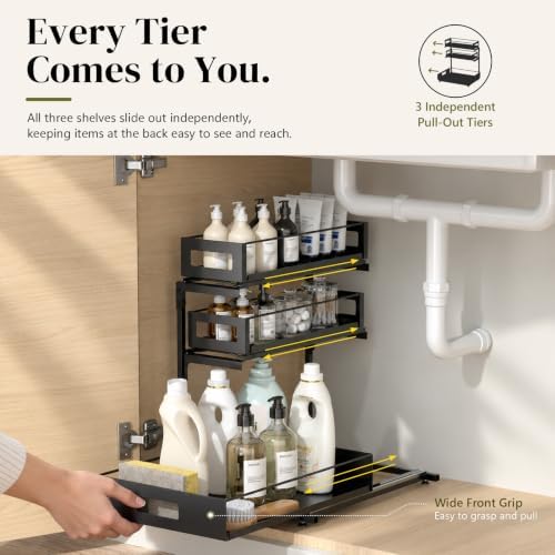 Under Sink Organizer 2 Pack, 3-Tier Pull Out Under Kitchen Sink Organizer, Bathroom Under Sink Storage Organizer with Solid Metal Shelves, Adjustable Height, 60 lb Capacity, Black