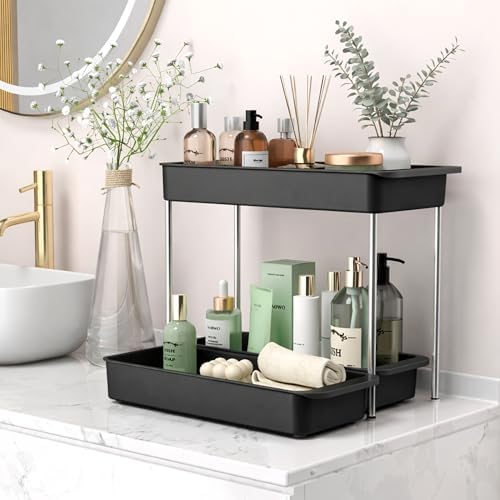 2-Tier Under Sink Organizer with Smooth Rolling Wheels, Pull-Out Bottom Storage Drawer with Easy-Lift Handle, Metal & Plastic Sliding Cabinet Organizer for Kitchen & Bathroom, Black, 2 Pack