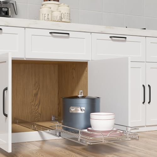 Pull Out Cabinet Organizer 2 Pack (15" W x 21" D), Pull out Shelves 1 Tier, Cabinet Slide Out Shelves for Base Cabinet Organization in Kitchen Bathroom Pantry, Bottom Mount, Chrome Finish
