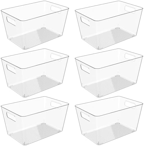 6 Pack Clear Plastic Storage Bins with Handles, 11" Pantry Organizers, BPA-Free