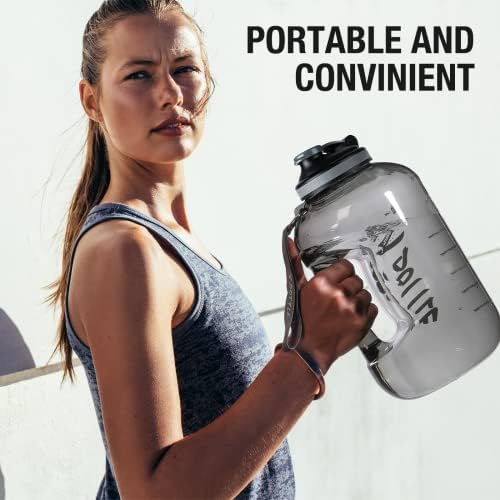1 Gallon BPA Free Dishwasher Safe 128oz Large Water Bottle with Motivational Time Marker and Handle - Leak-proof Big Black Water Jug for Camping, Sports, Workouts (Chug Lid)