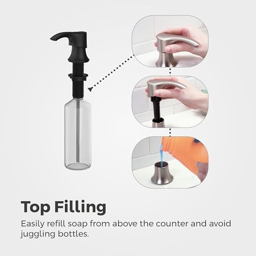 SoloTilt Kitchen Sink Soap Dispenser Counter-Mounted Stainless Steel Finish with Forward Tilting Thumb-Activated Pump Head and 16 oz Bottle for Dish Soap KSDKEMGS
