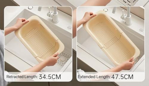 Kitchen Sink Colander, Extendable Strainer Basket Over The Sink for Wash Vegetables and Fruits, Drain Cooked Pasta and Dry Dishes 13.6"-18.7" L x 7.87" W x 2.76" H - Cream