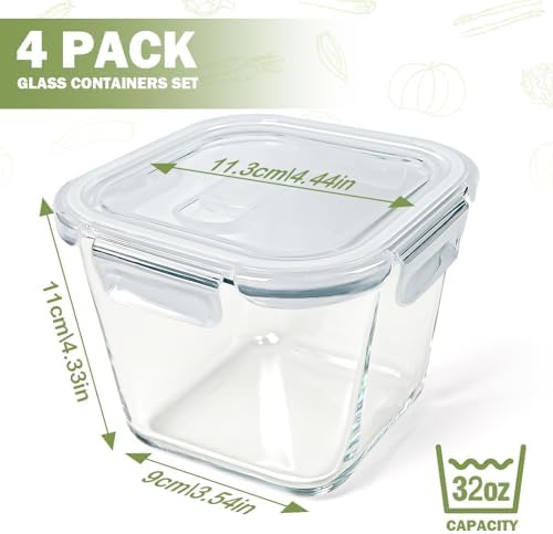 Borosilicate Glass Soup Containers with Lids, 4 Cup/32 oz, 4 Pack