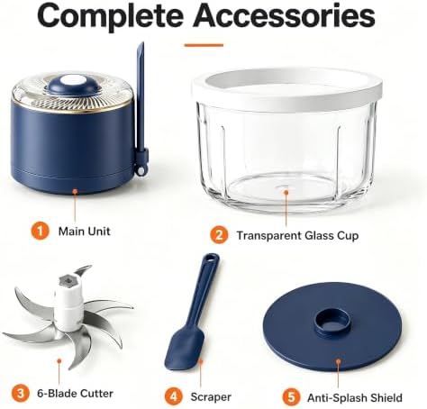 Electric Cordless Garlic Chopper 350ML with Glass Bowl, 6 Blades (Blue) - Image 6