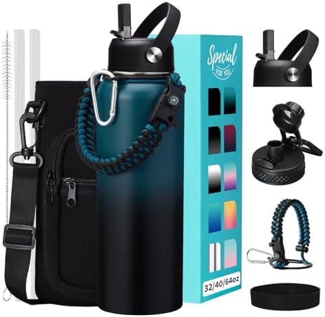 32/40/64OZ Insulated Water Bottle - Keep Cold 48H Hot 24H, Combo Straw/Spout Lids, Paracord Handle for Gym/Hiking, Carrier Bag +Strap, Cup Mat, BPA-Free Stainless Steel Flask Jug